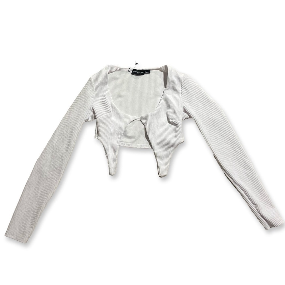 PLT white cutout detail crop top | scoop neck long sleeve rib knit white top NWT - Picture 2 of 9